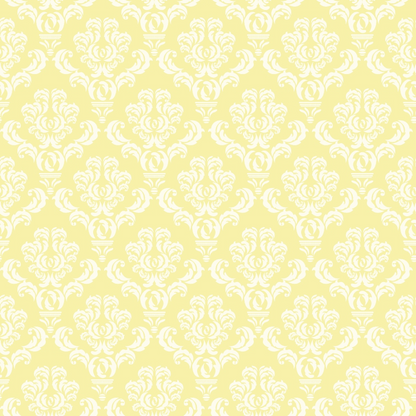 A repeating white floral damask pattern on a pale yellow background.