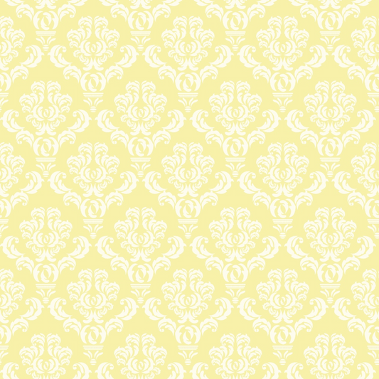 A repeating white floral damask pattern on a pale yellow background.