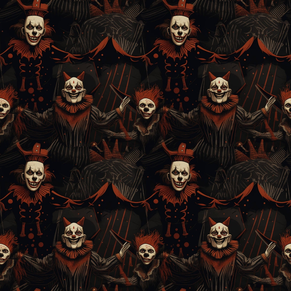 Repeating pattern of sinister clowns with white skull-like faces, red neck ruffles, and black clothing, set against a dark background with abstract red and black designs.