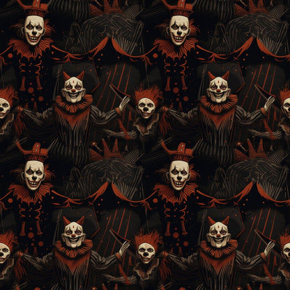 Repeating pattern of sinister clowns with white skull-like faces, red neck ruffles, and black clothing, set against a dark background with abstract red and black designs.