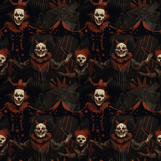 Repeating pattern of sinister clowns with white skull-like faces, red neck ruffles, and black clothing, set against a dark background with abstract red and black designs.