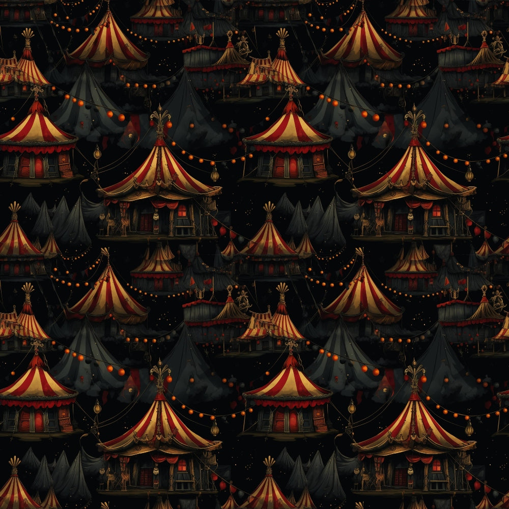 Pattern of vintage circus tents with red and yellow stripes, surrounded by dark tents and string lights, on a nighttime background.