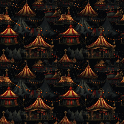 Pattern of vintage circus tents with red and yellow stripes, surrounded by dark tents and string lights, on a nighttime background.