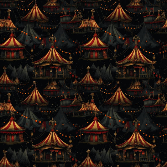 Pattern of vintage circus tents with red and yellow stripes, surrounded by dark tents and string lights, on a nighttime background.