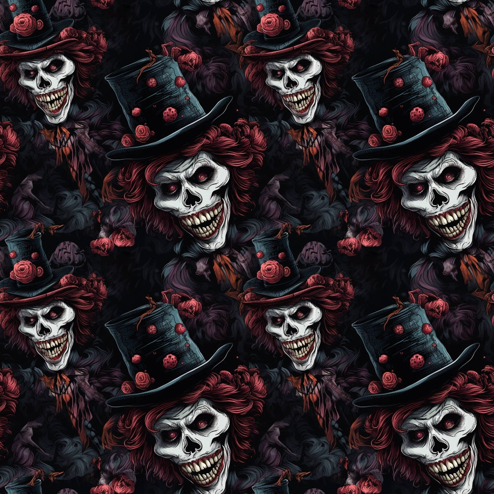 Pattern of skeletons with wide grins, wearing top hats adorned with red roses, on a dark, smoky background.