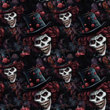 Pattern of skeletons with wide grins, wearing top hats adorned with red roses, on a dark, smoky background.