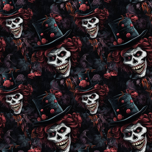 Pattern of skeletons with wide grins, wearing top hats adorned with red roses, on a dark, smoky background.