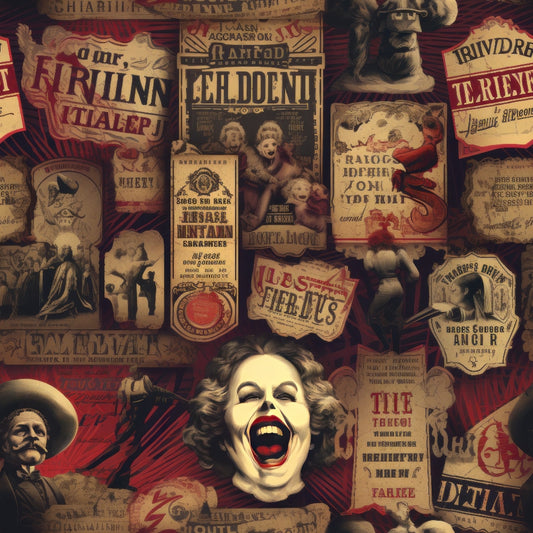 Vintage circus-themed collage with illustrations of clowns, show posters, and performers. Predominantly red and sepia tones create a nostalgic, eerie atmosphere.