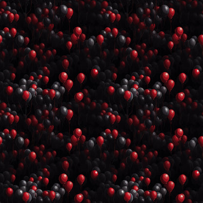 A pattern of red and black balloons floating closely together against a dark background.