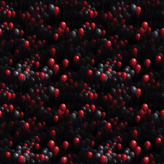 A pattern of red and black balloons floating closely together against a dark background.