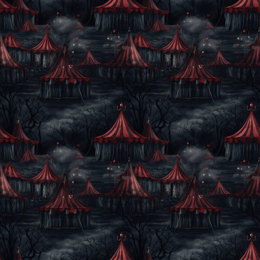 Dark circus tents with red and black stripes are scattered in a gloomy, foggy landscape with leafless trees.