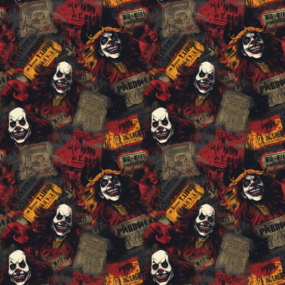 A repeating pattern featuring sinister clown faces, fiery colors, and newspaper clippings, creating a chaotic and eerie visual effect.