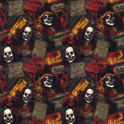 A repeating pattern featuring sinister clown faces, fiery colors, and newspaper clippings, creating a chaotic and eerie visual effect.