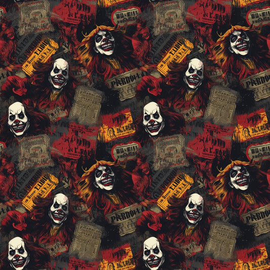 A repeating pattern featuring sinister clown faces, fiery colors, and newspaper clippings, creating a chaotic and eerie visual effect.