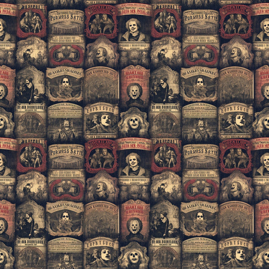 Vintage horror-themed wallpaper with repeating patterns of eerie figures, stylized text, and skull motifs in muted tones.