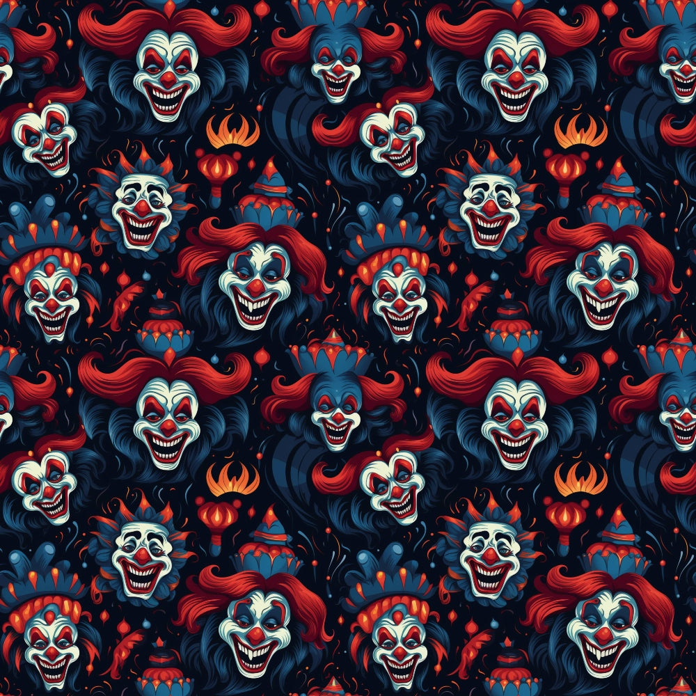 Pattern of sinister clown faces with exaggerated features and bold colors on a dark background.