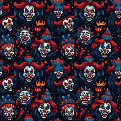 Pattern of sinister clown faces with exaggerated features and bold colors on a dark background.