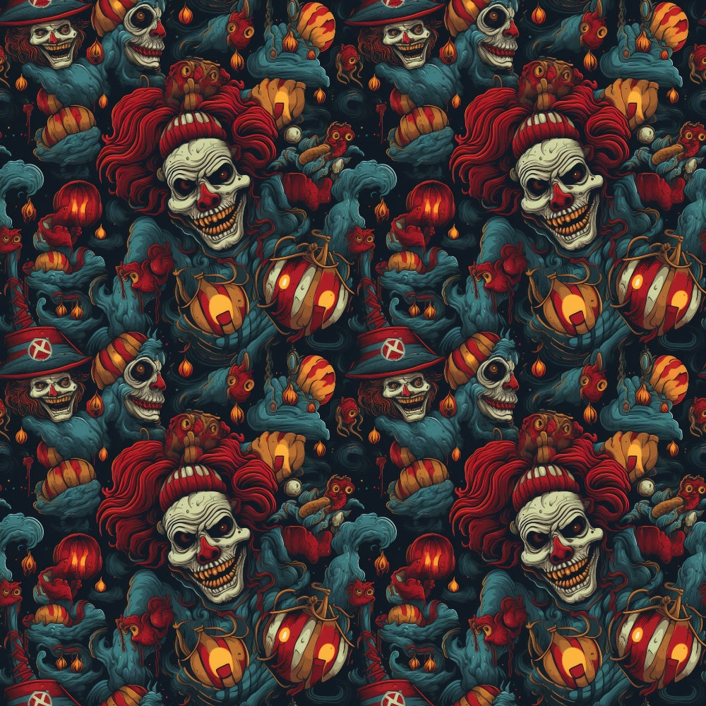 Seamless Halloween pattern with skull-faced clowns, pumpkins, and eerie creatures in dark colors.