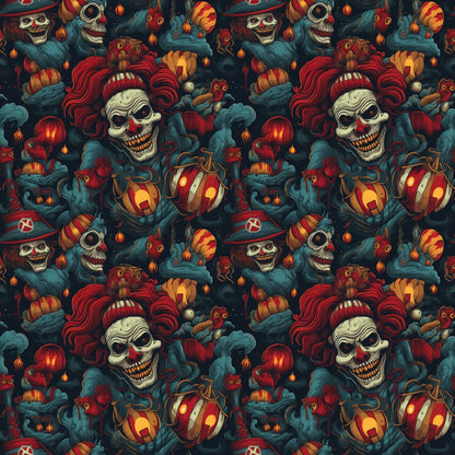 Seamless Halloween pattern with skull-faced clowns, pumpkins, and eerie creatures in dark colors.