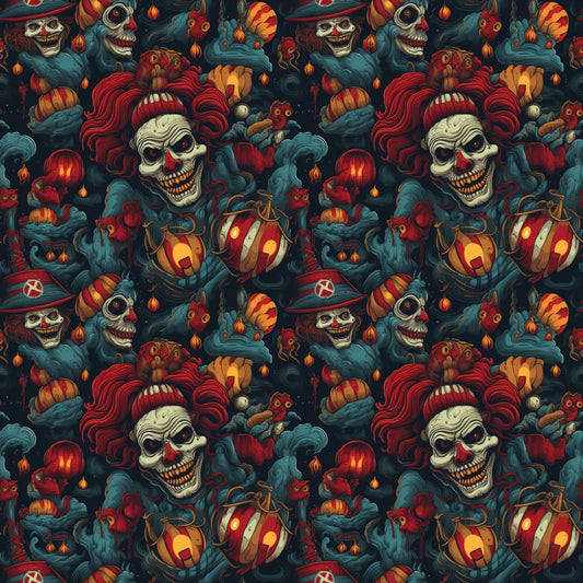 Seamless Halloween pattern with skull-faced clowns, pumpkins, and eerie creatures in dark colors.