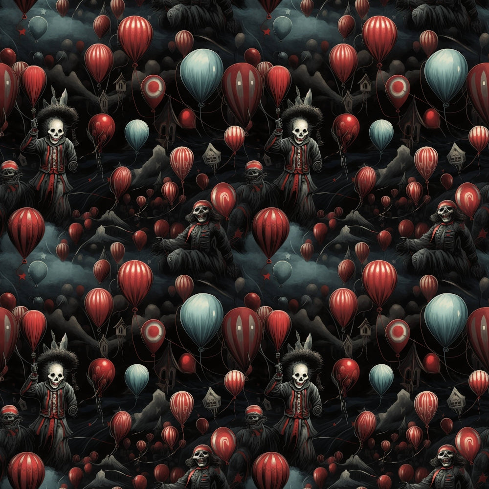 Pattern of skeleton clowns holding red and teal balloons in a dark, eerie setting with clouds and hills.