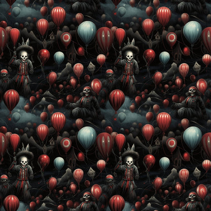 Pattern of skeleton clowns holding red and teal balloons in a dark, eerie setting with clouds and hills.