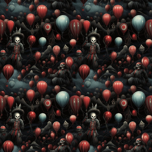 Pattern of skeleton clowns holding red and teal balloons in a dark, eerie setting with clouds and hills.