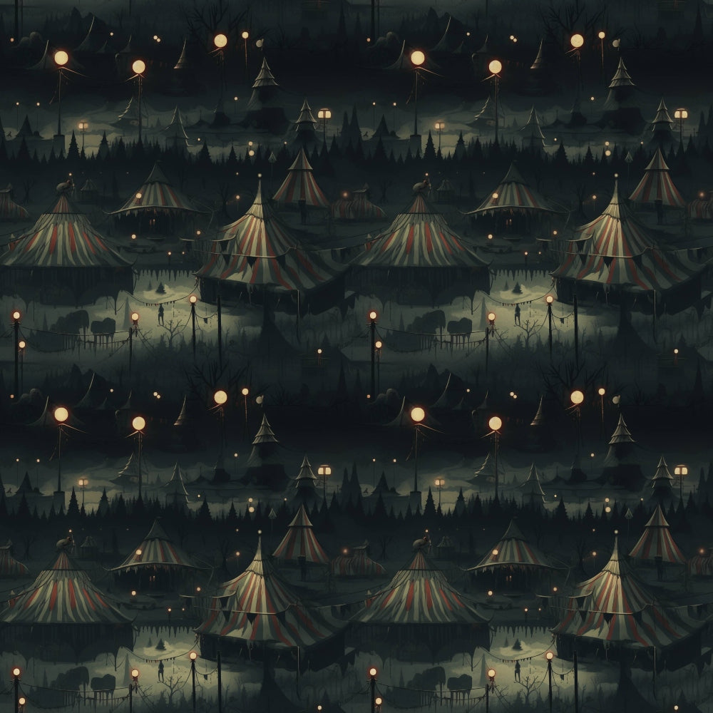 Dark circus-themed pattern featuring striped tents, trees, and hanging lights under a night sky.