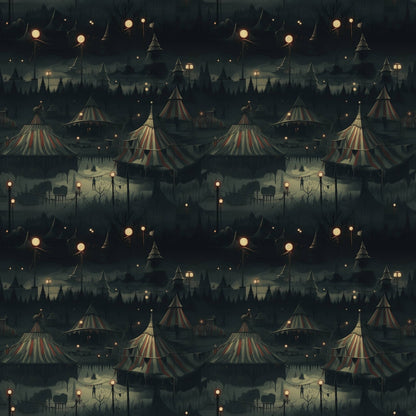 Dark circus-themed pattern featuring striped tents, trees, and hanging lights under a night sky.