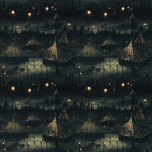 Dark circus-themed pattern featuring striped tents, trees, and hanging lights under a night sky.