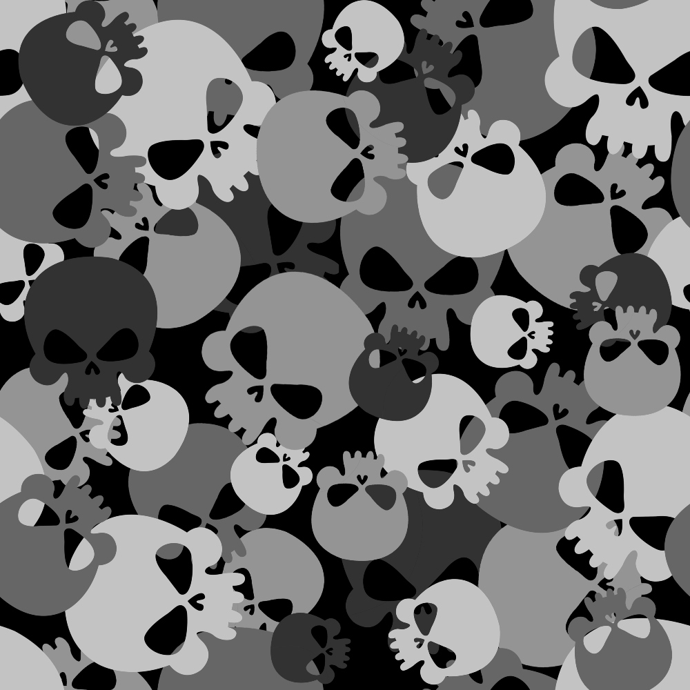 An abstract pattern of overlapping skulls in various shades of gray on a black background.