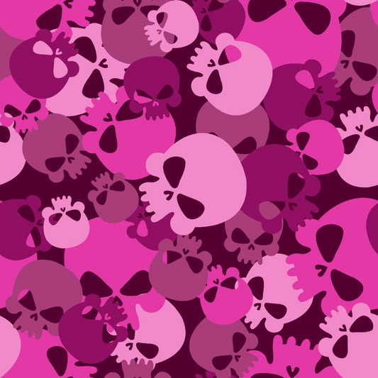 Pattern of overlapping skulls in shades of pink and purple.