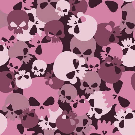 A pattern of various pink and purple cartoon skulls overlapping each other on a dark background.