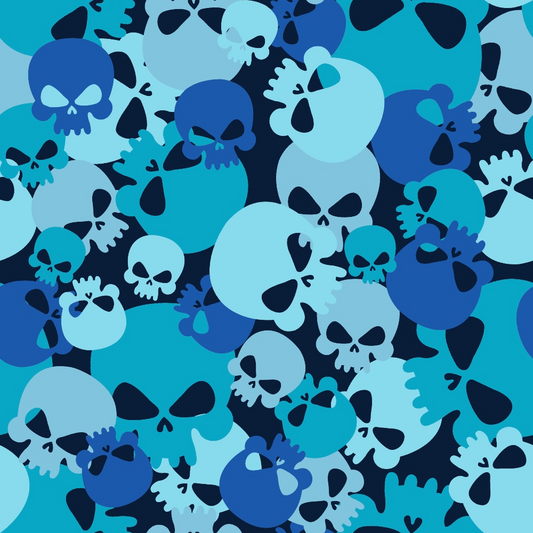 Pattern of overlapping blue and teal skull illustrations on a dark background.