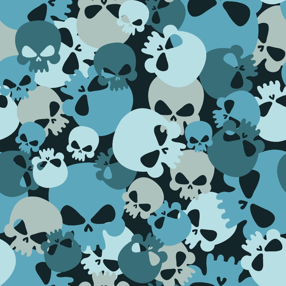 teal, blue, gray, black, white, skull pattern, camouflage design, overlapping skulls, gothic style, edgy aesthetic, quilting cotton, fabric panel, halloween theme, spooky motif, monochromatic palette, seamless pattern, geometric skulls, modern camouflage, crafting material, sewing fabric
