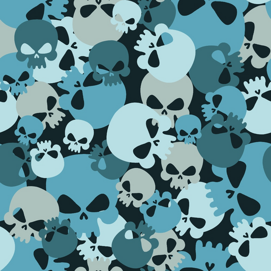 Pattern of overlapping skull illustrations in various shades of blue and gray, featuring diverse sizes and styles.