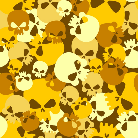 Illustration of a pattern featuring various sizes of yellow and brown skulls overlapping each other on a flat background.