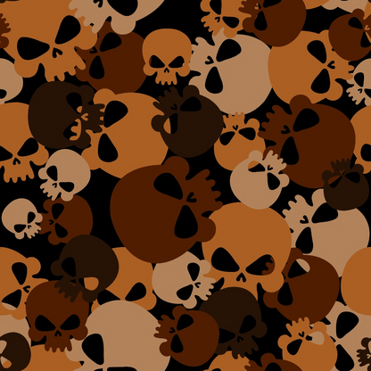 Pattern of overlapping cartoon skulls in various shades of brown and black on a black background.