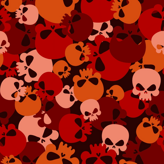 Pattern of overlapping red, orange, and pink skulls with various facial expressions.