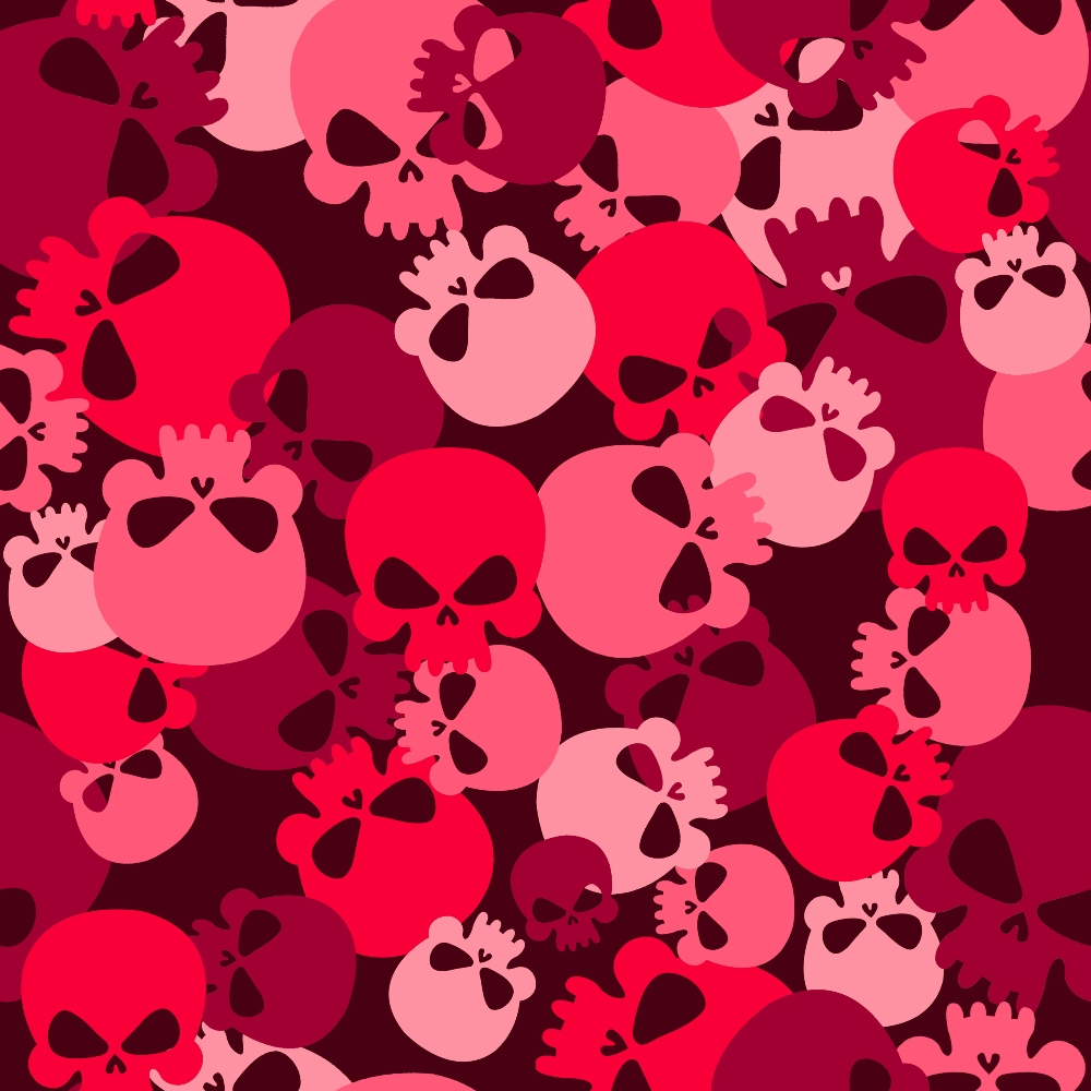 A pattern of overlapping red and pink stylized skulls on a dark background, varying in size and shade.