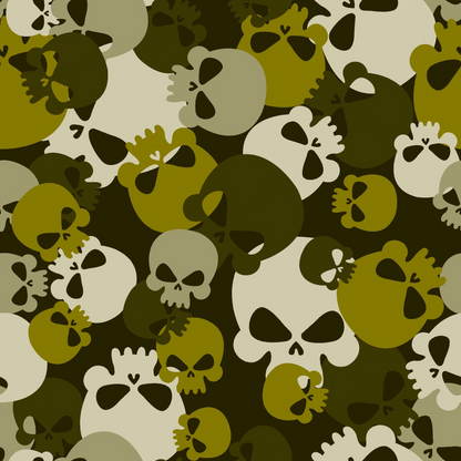 Pattern of various green and beige skulls overlapping on a dark background.