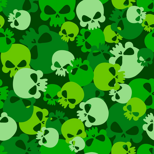 A pattern of variously sized green skull illustrations on a dark green background.