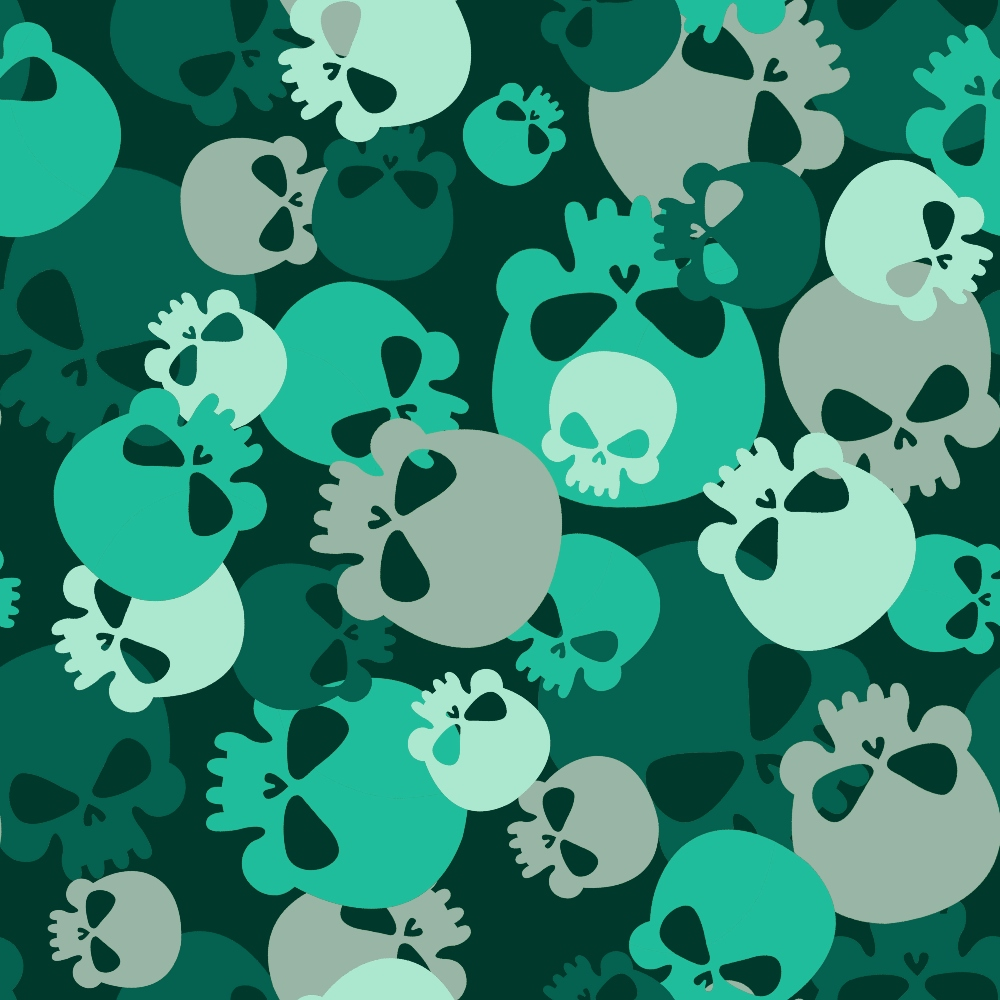 skulls, camouflage pattern, teal green, mint green, sage green, dark green, gray, white, overlapping skulls, military style, camo design, gothic motif, spooky theme, halloween fabric, quilting cotton, fabric panel, seamless pattern, monochromatic green, edgy design, contemporary style