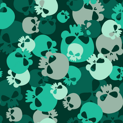 skulls, camouflage pattern, teal green, mint green, sage green, dark green, gray, white, overlapping skulls, military style, camo design, gothic motif, spooky theme, halloween fabric, quilting cotton, fabric panel, seamless pattern, monochromatic green, edgy design, contemporary style