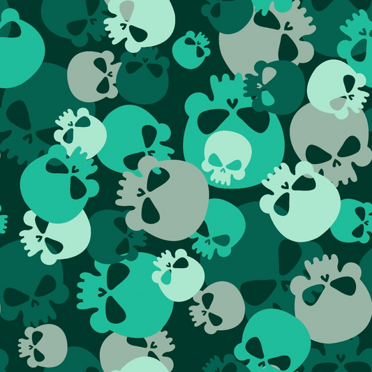 Pattern of overlapping skull motifs in various shades of green and teal on a dark green background.