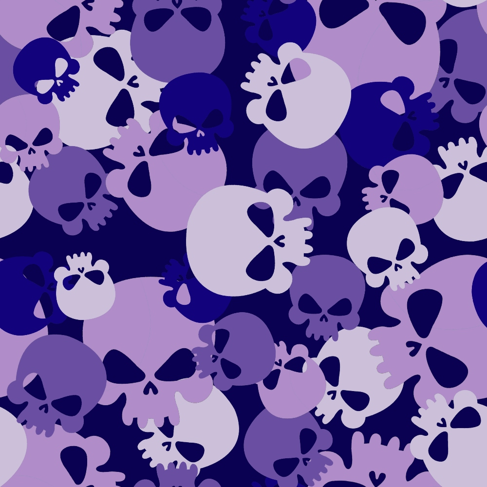 purple, lavender, navy blue, white, skull pattern, camouflage design, gothic style, spooky theme, halloween motif, overlapping skulls, quilting cotton, fabric panel, alternative fashion, edgy pattern, bone imagery, dark aesthetic, contemporary design, repetitive motif, monochrome skulls