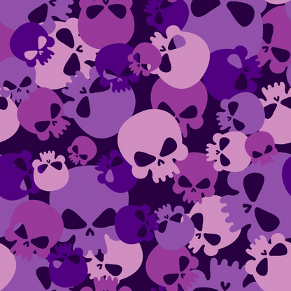purple, magenta, lavender, skull pattern, camouflage design, gothic style, spooky theme, halloween motif, quilting cotton, fabric panel, overlapping skulls, dark purple, light pink, bone imagery, alternative fashion, edgy design, seamless pattern, cotton fabric, crafting material