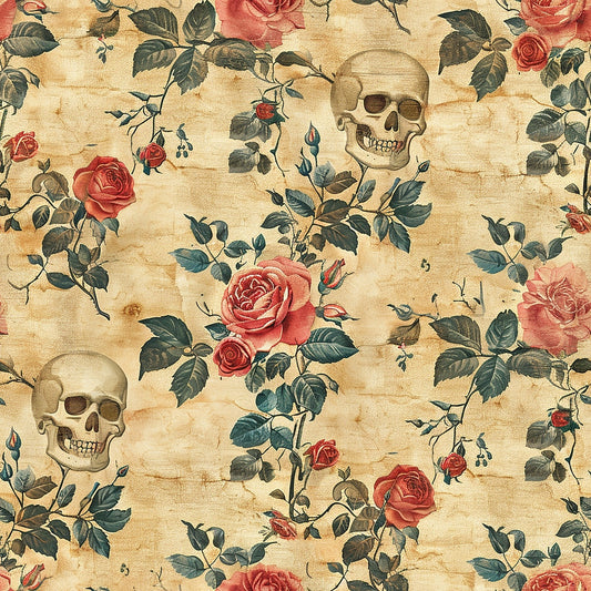 Vintage-style pattern with red roses and skulls on a beige background.