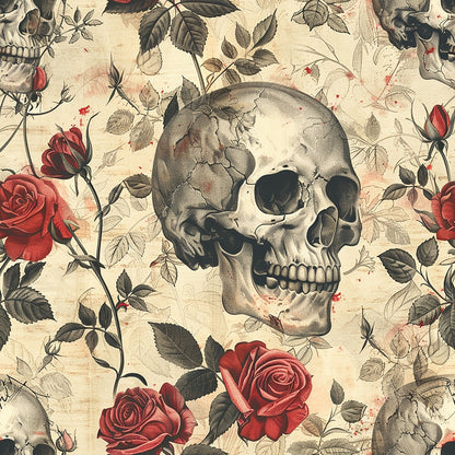 Skull among red roses and thorny vines on a beige background, creating a vintage and macabre pattern.