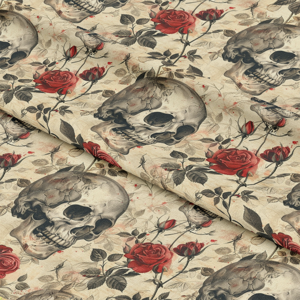 - Skulls and Roses Pattern 10 Quilting Cotton Fabric  
- Skull designs  
- Red roses  
- Black and gray leaves  
- Cream background  
- Gothic style  
- Floral elements  
- Quilting cotton material  
- Yardage fabric  
- Vintage aesthetic  
- Dark motifs  
- Decorative textile